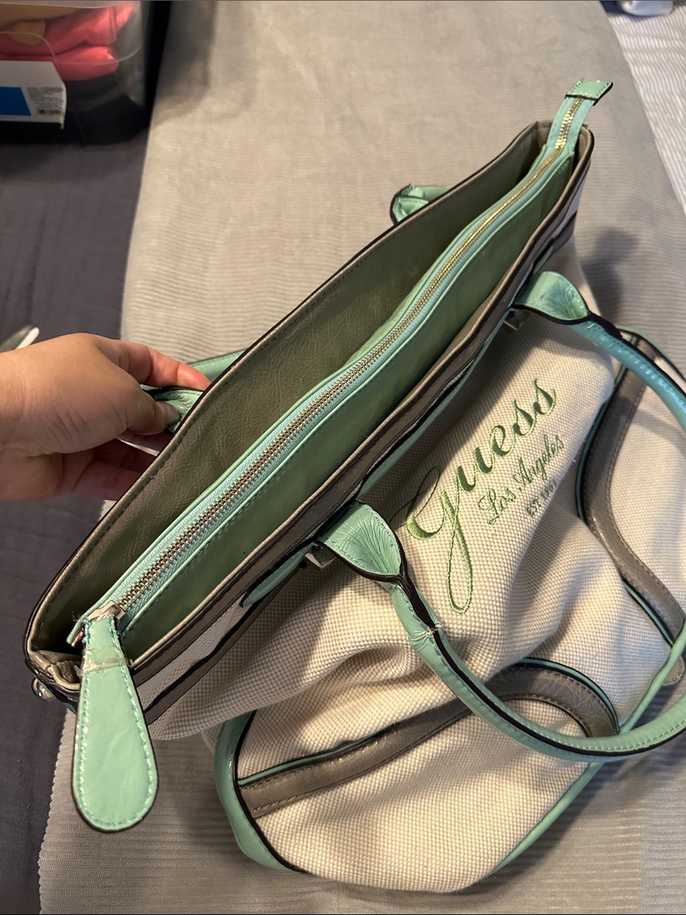 Guess Canvas Tote in Cream with Mint Trim - Picture 14 of 14
